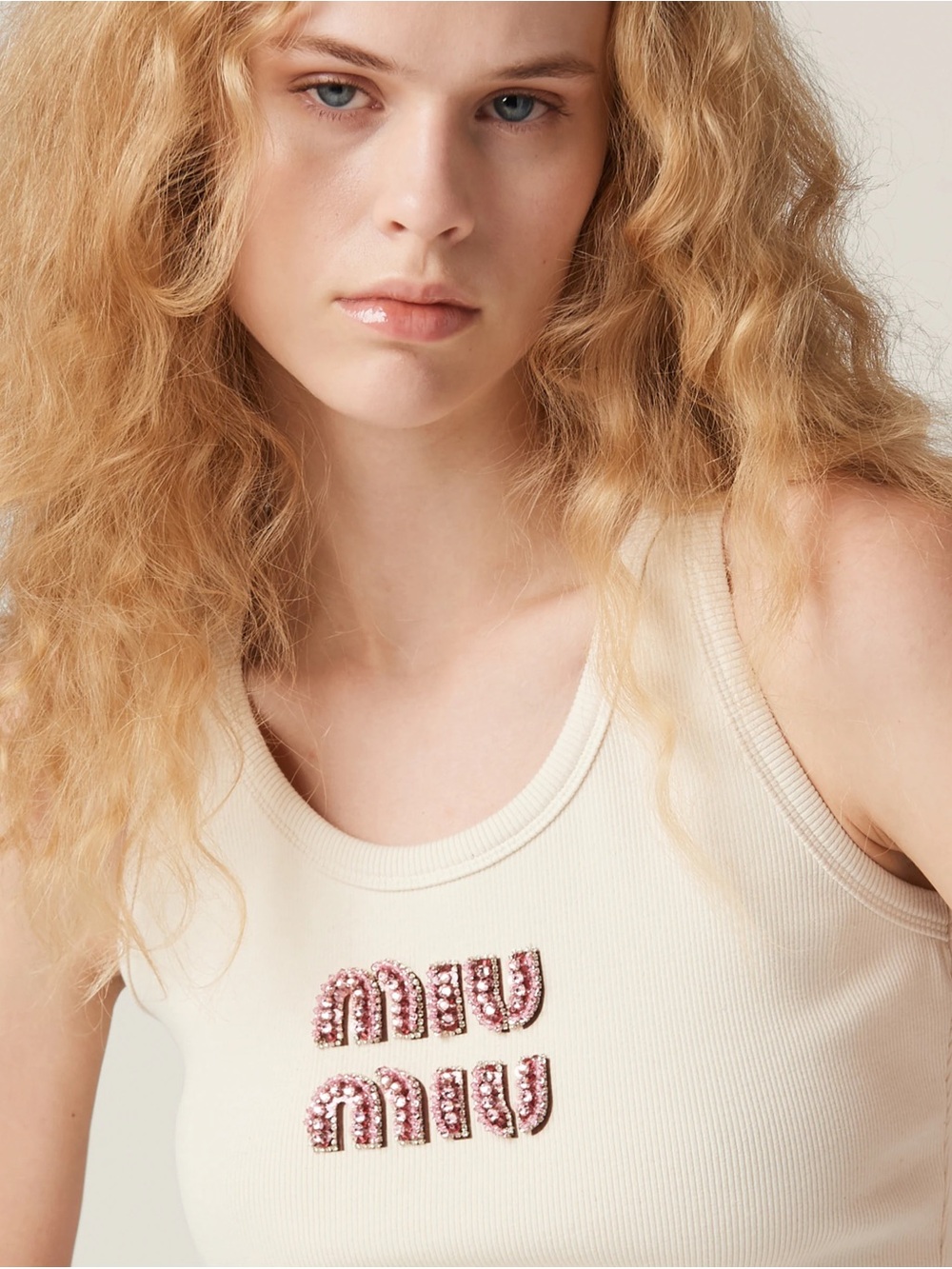 Cream Ribbed Bandeau Tank with Pink Jeweled Logo